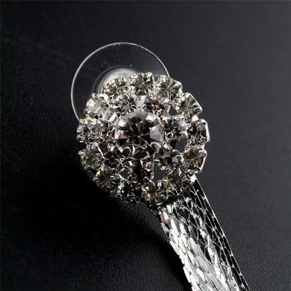 Long Silver Color Dangling Chain Tassel Crystal Earrings - Picture 7 of 7